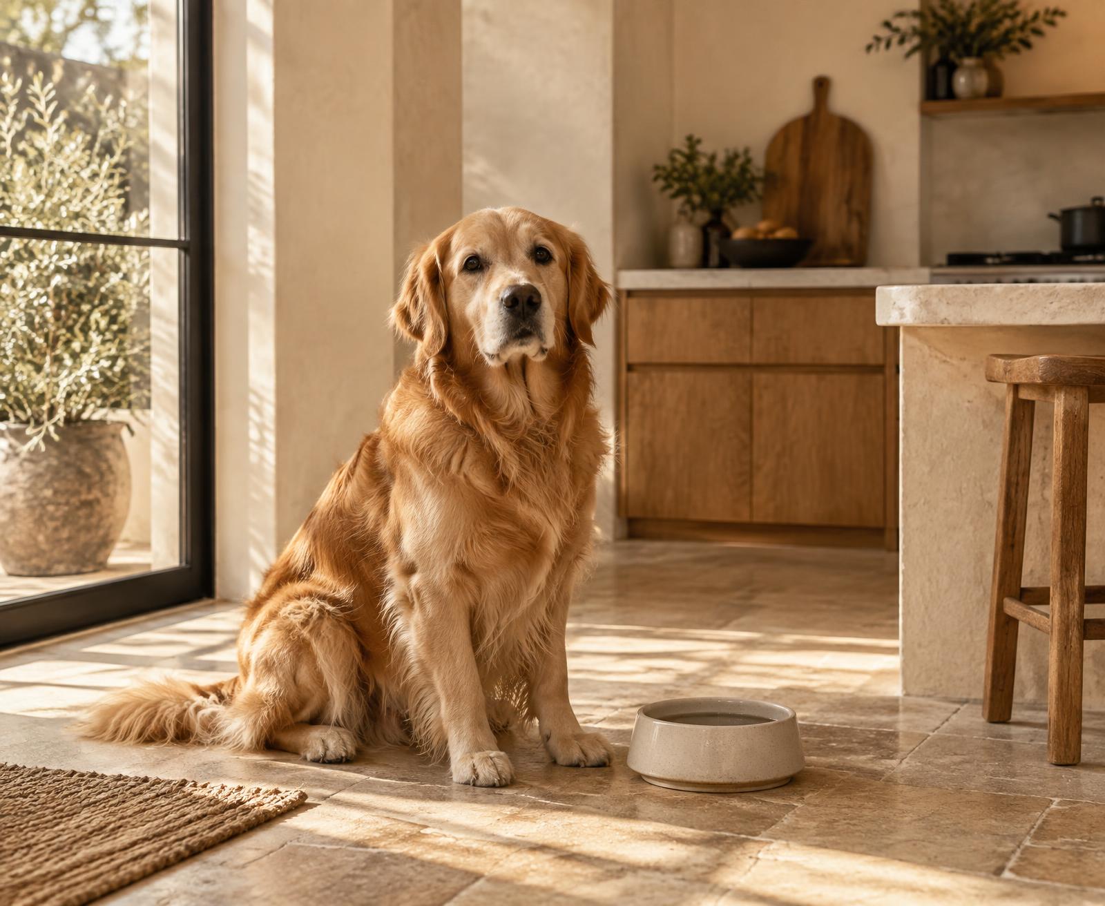 Golden retriever Max sitting beside his bowl in a warm kitchen